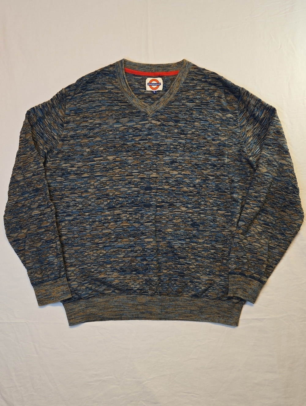 Jermyn & Bond Coogi Style Orange And Blue Chain Link Knit V-Neck Sweater Vintage